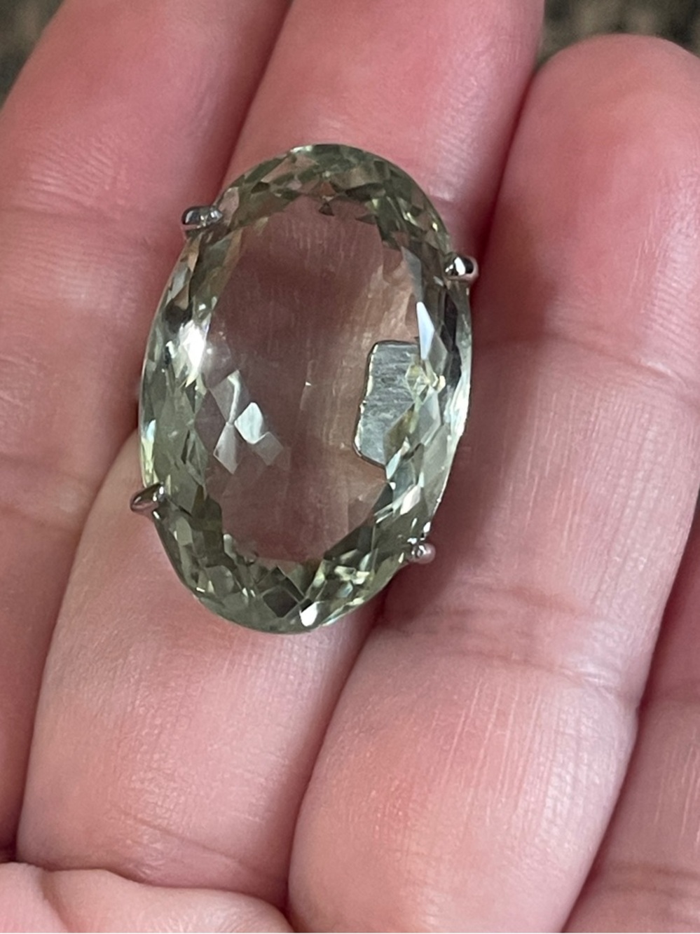 36ct 26x17mm Large Natural Green Amethyst Oval Gemstone Ring 925 Silver Size 7